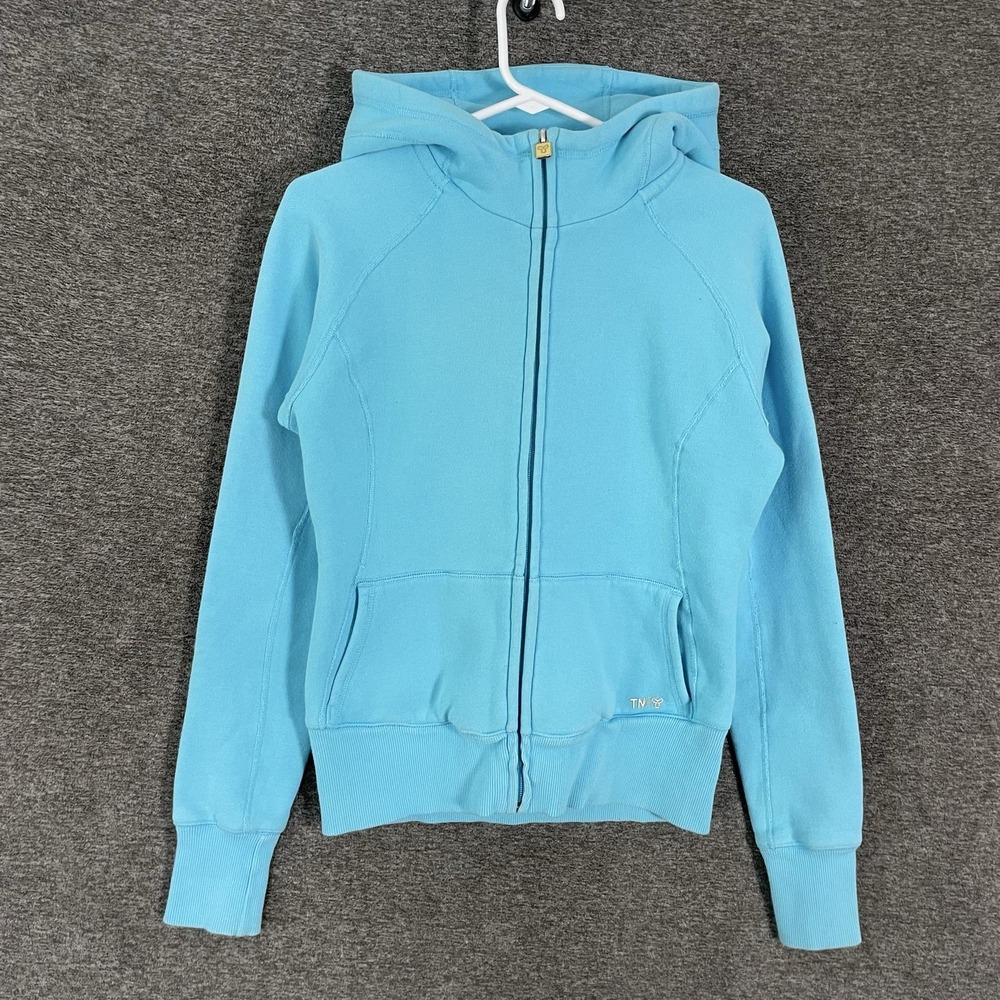 TNA Hoodie Womens Medium Blue Fleece Full Zip Raglan Logo Scuba Sweatshirt